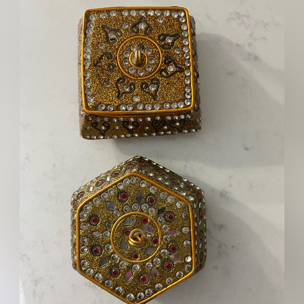 2 small (2.75” x 2.75” x .75”) delicately embellished jewels/pins/trinkets boxes